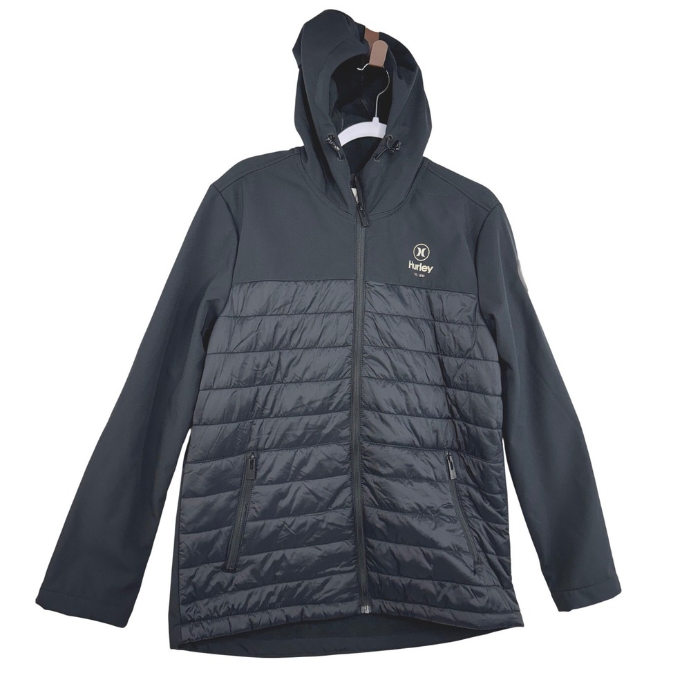 Hurley Mens Hybrid Softshell Puffer Jacket Black Hooded Full Zip Size Medium